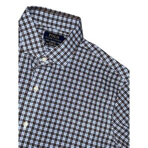 Polo Ralph Lauren Button Down Shirt Mens L Blue Brown Plaid Cotton Stretch